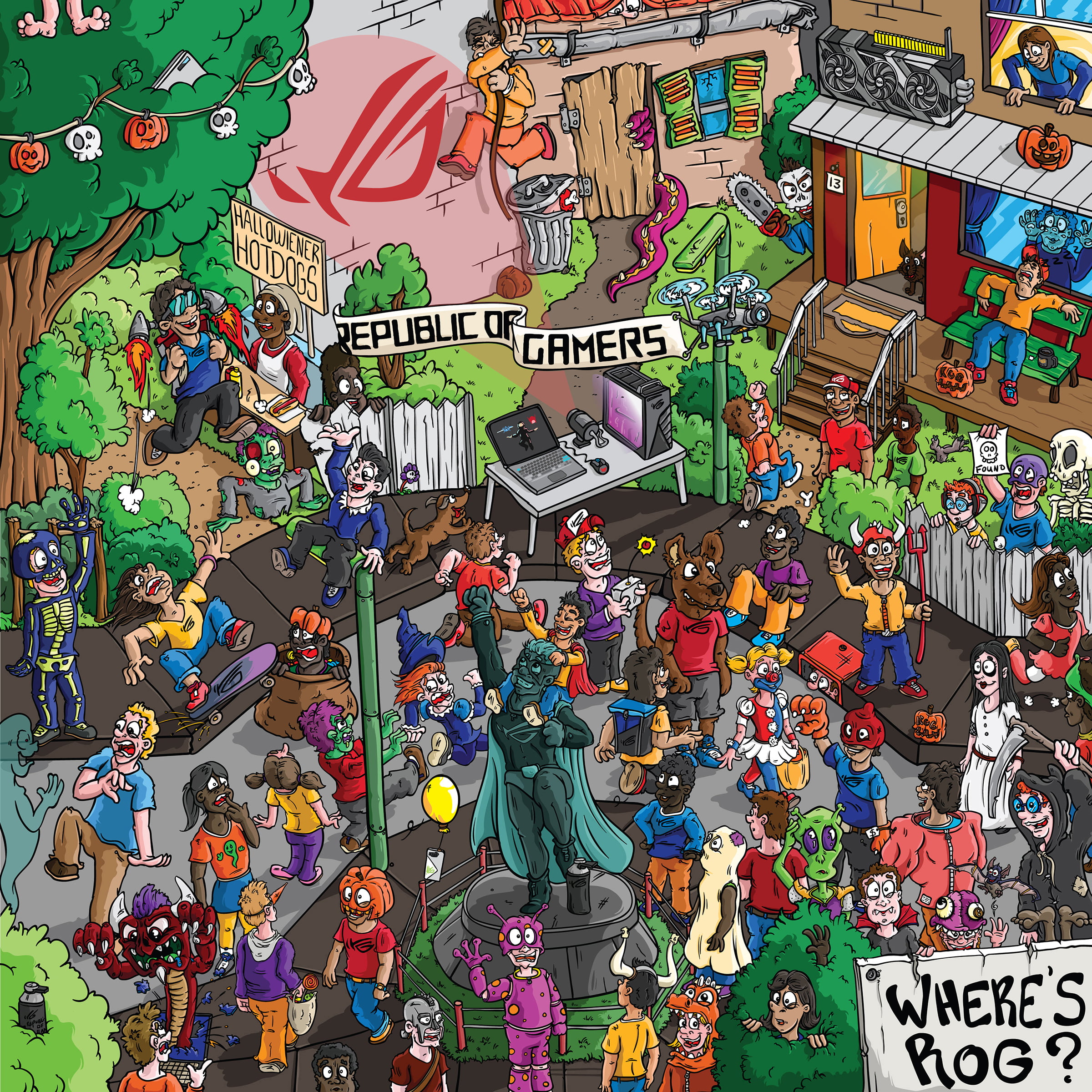 Where's Rog?! some logo's and droducts are hidden among the crowd.How many can you find?
