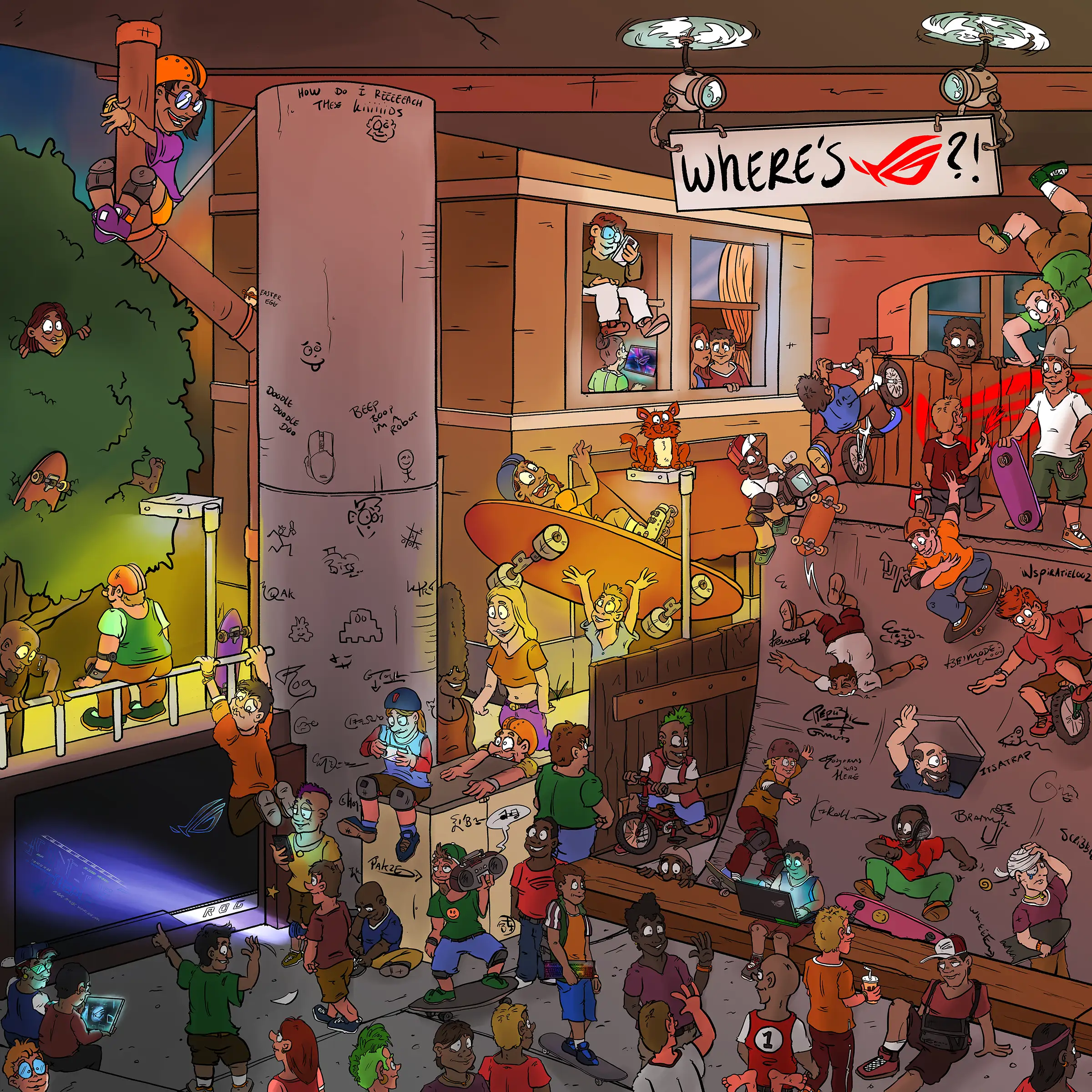 Where's Rog?! some logo's and droducts are hidden among the crowd.How many can you find?
