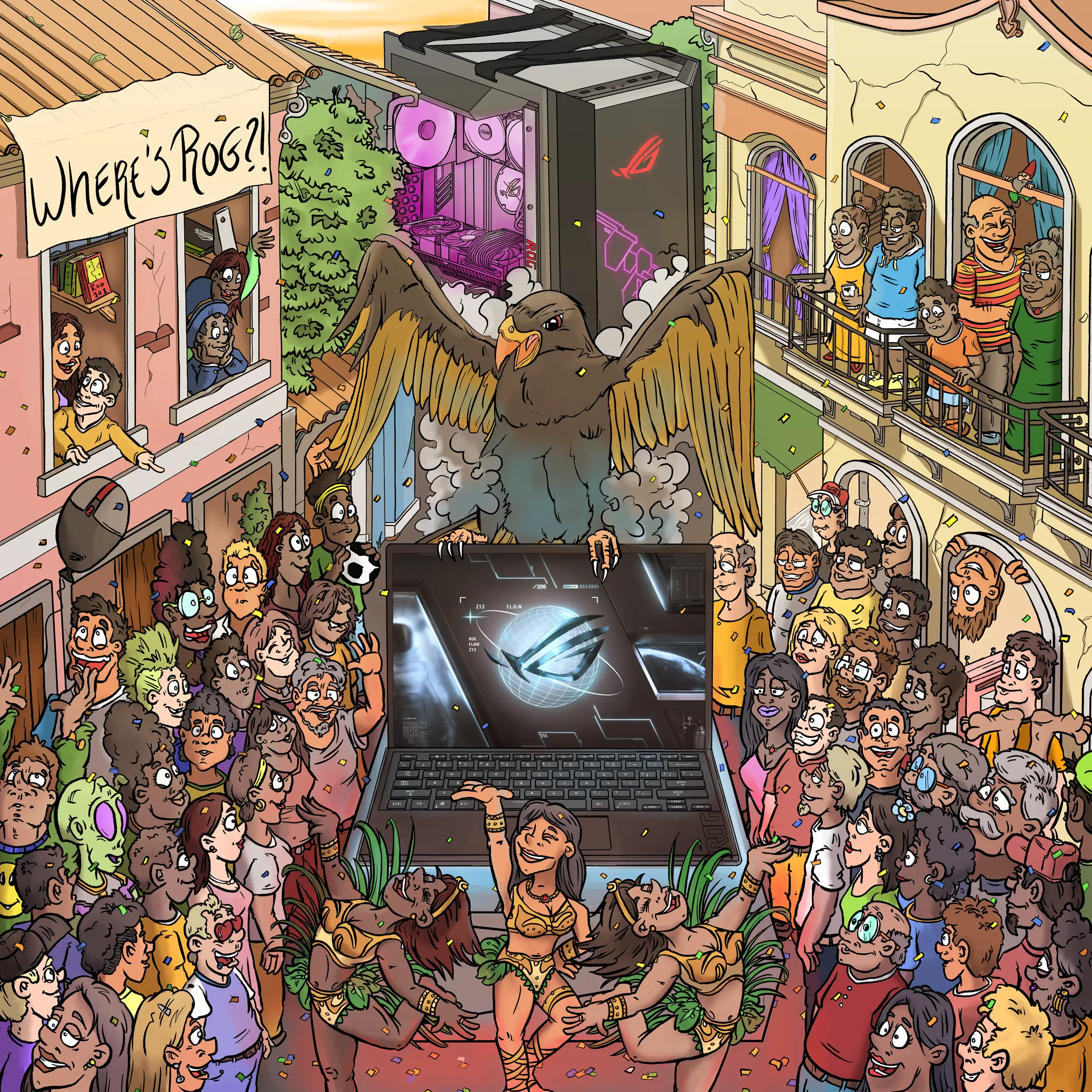 Where's Rog?! some logo's and droducts are hidden among the crowd.How many can you find?