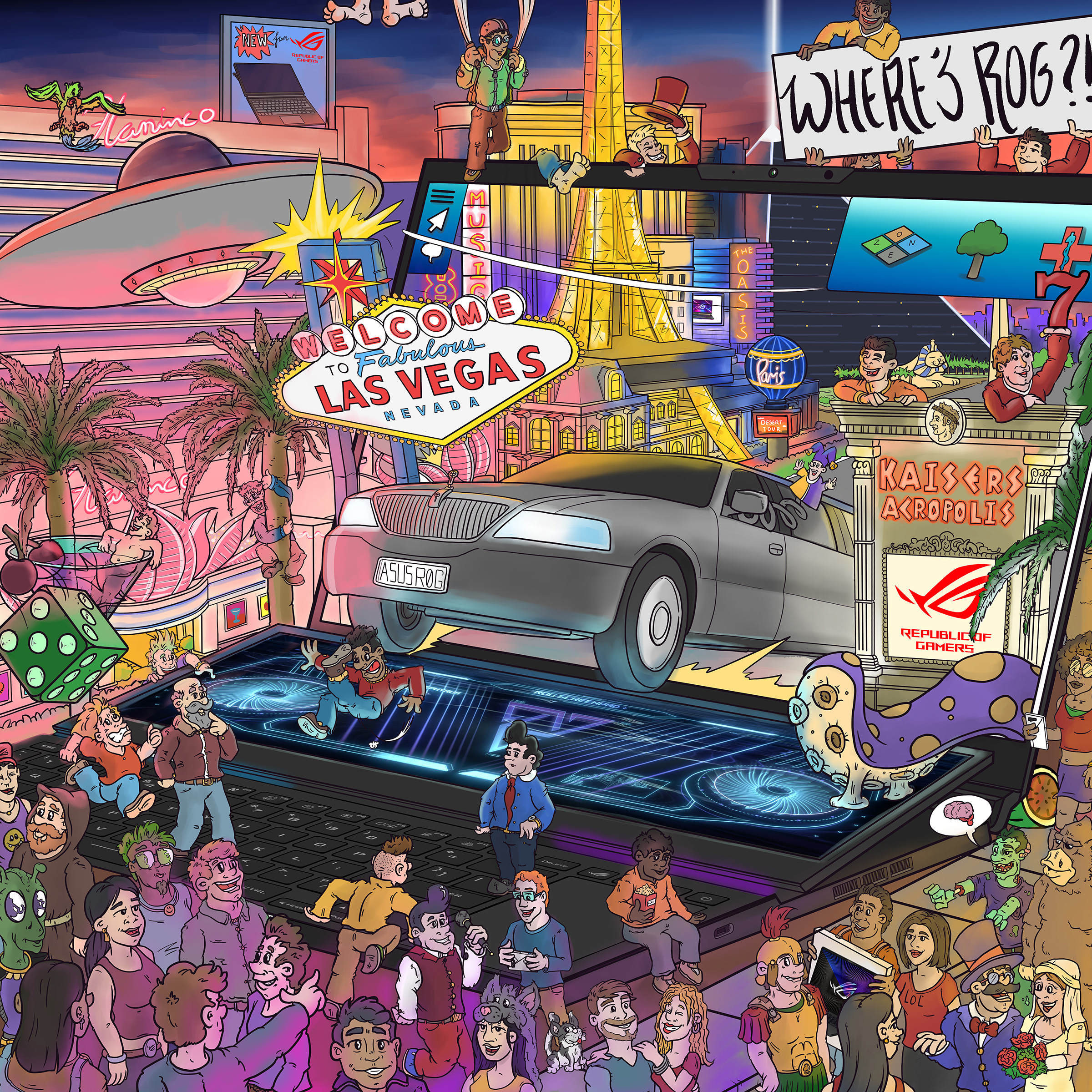 Where's Rog?! some logo's and droducts are hidden among the crowd.How many can you find?