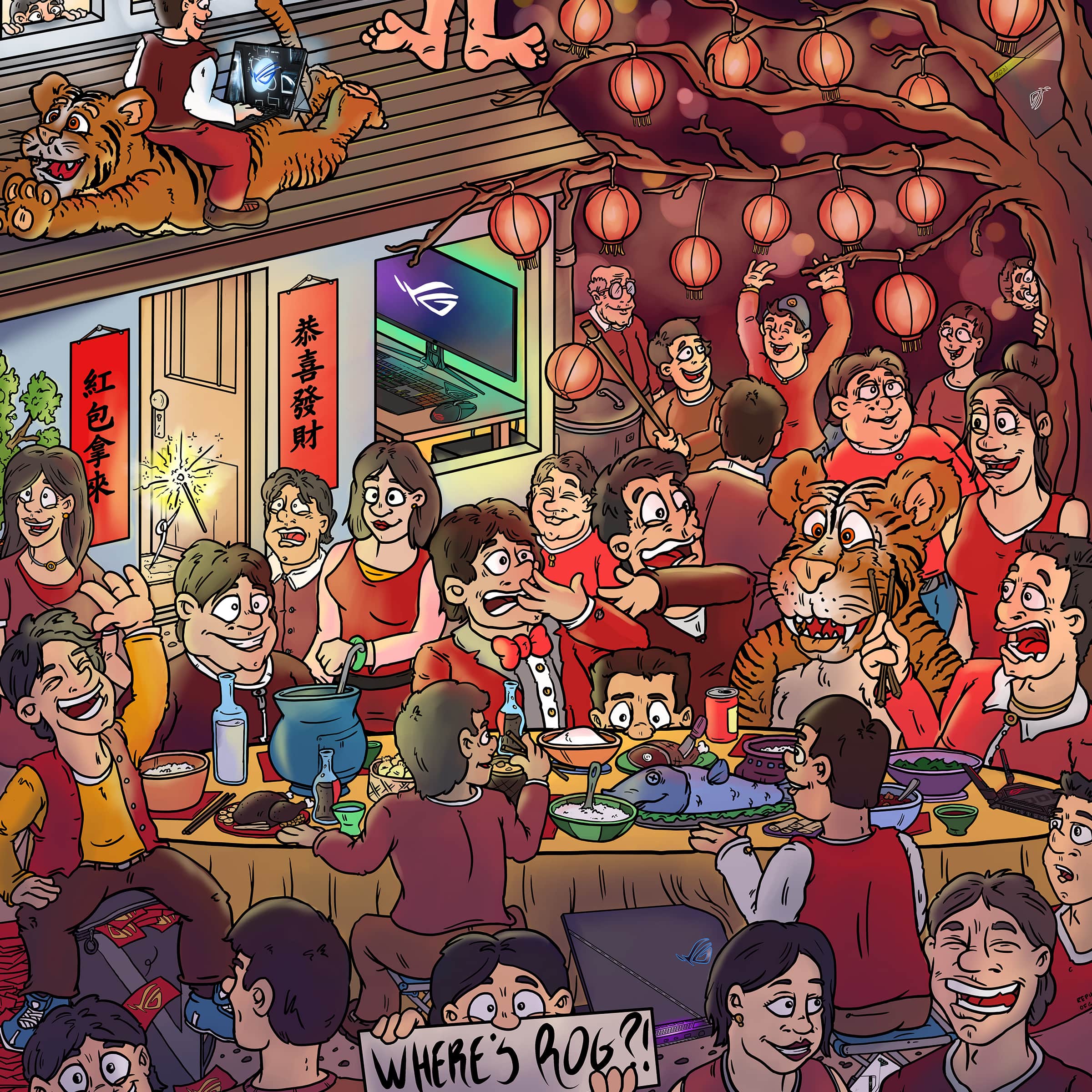 Where's Rog?! some logo's and droducts are hidden among the crowd.How many can you find?