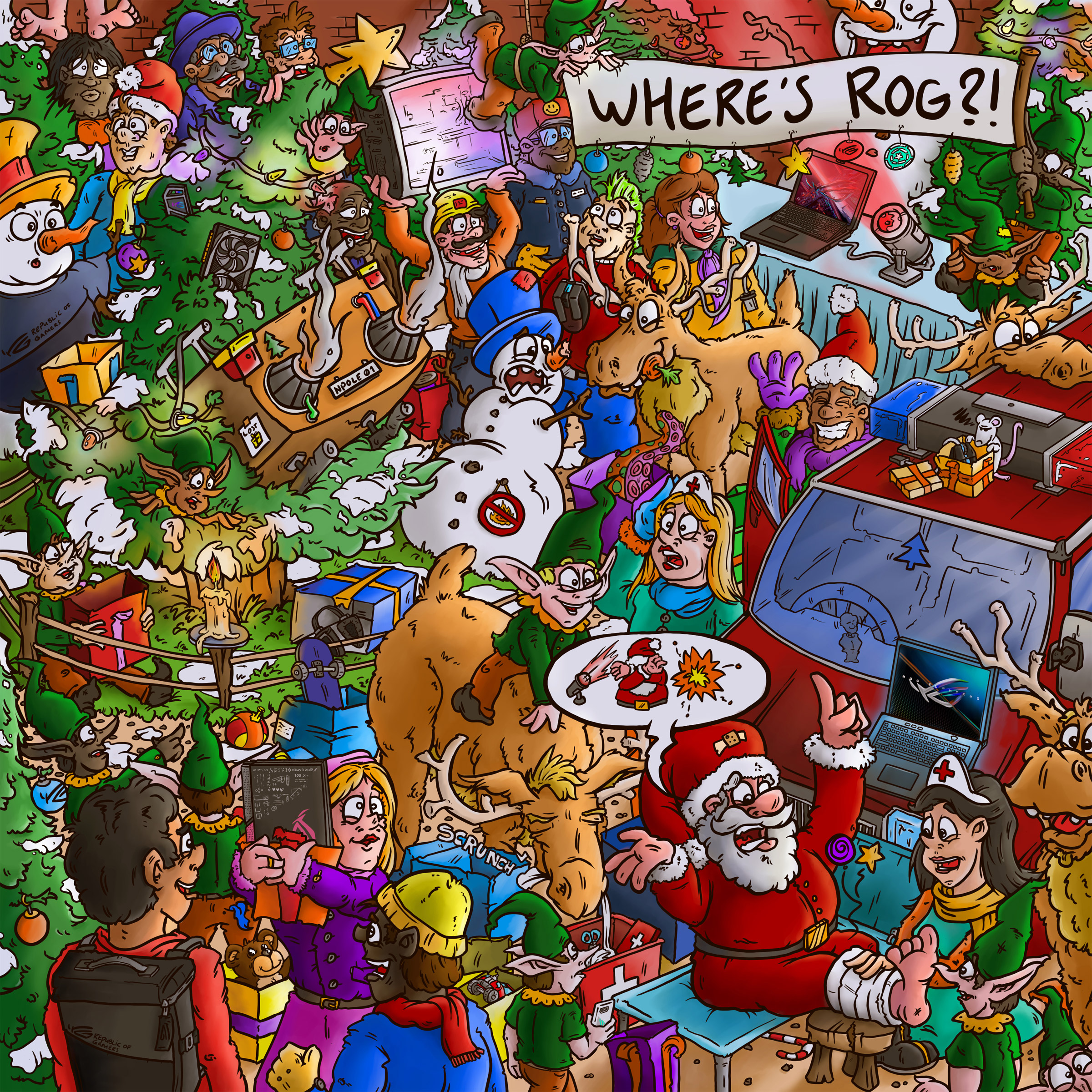 Where's Rog?! some logo's and droducts are hidden among the crowd.How many can you find?