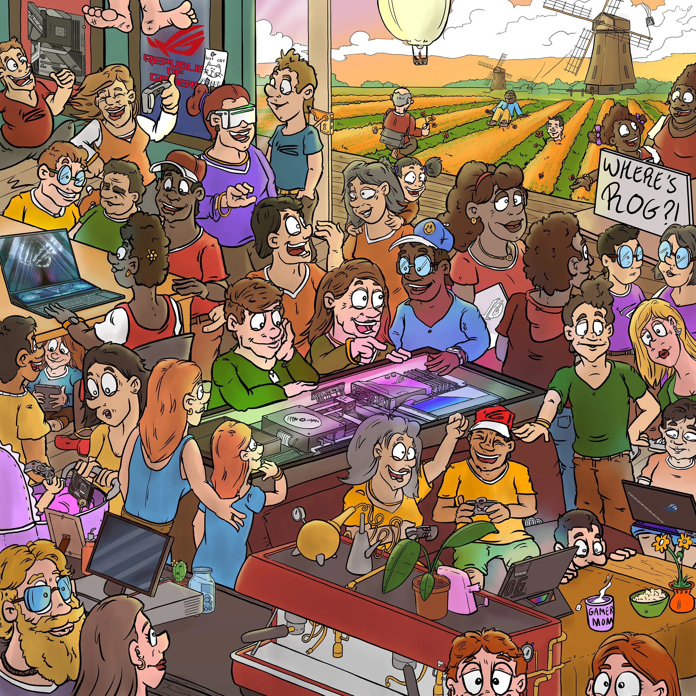 Where's Rog?! some logo's and droducts are hidden among the crowd.How many can you find?