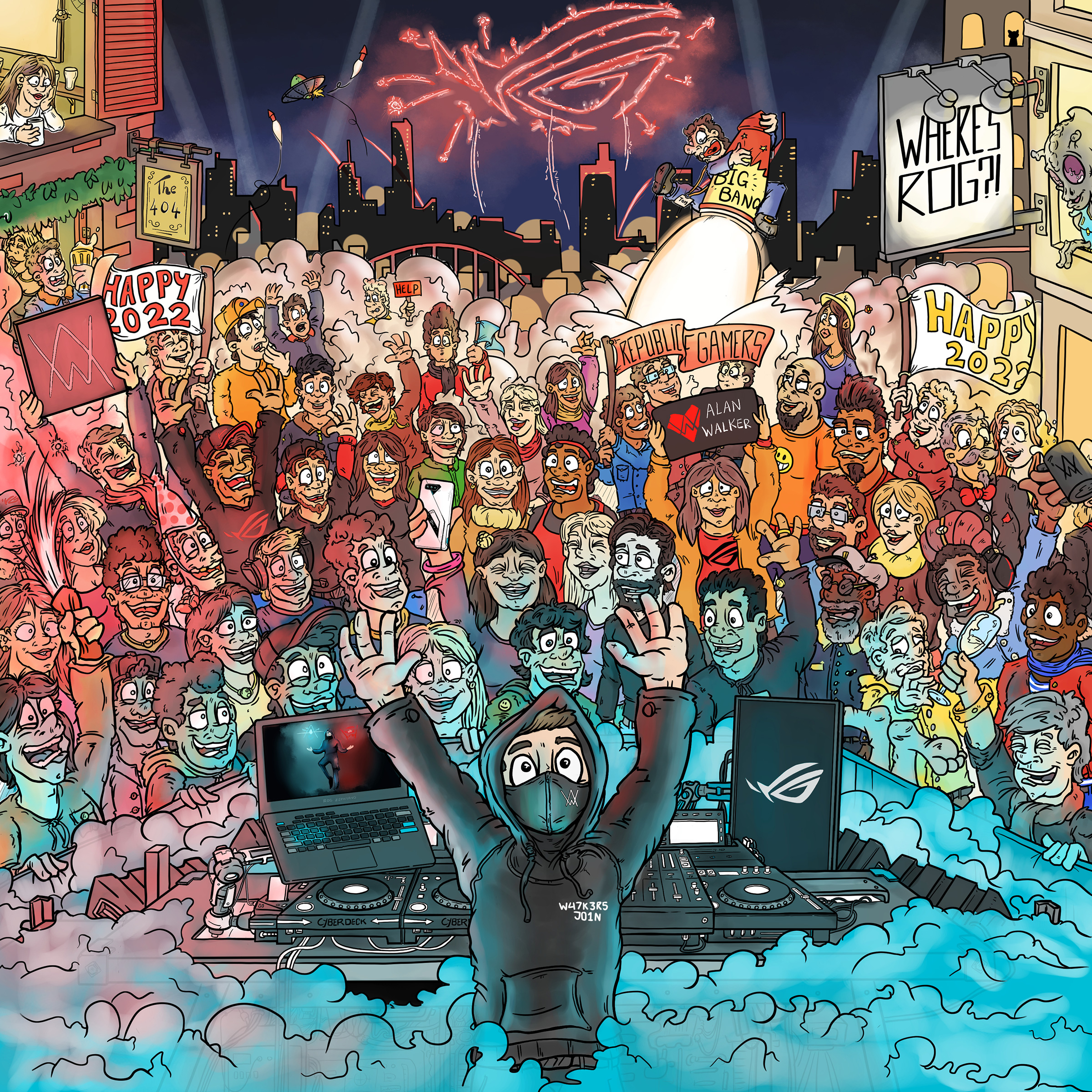 Where's Rog?! some logo's and droducts are hidden among the crowd.How many can you find?