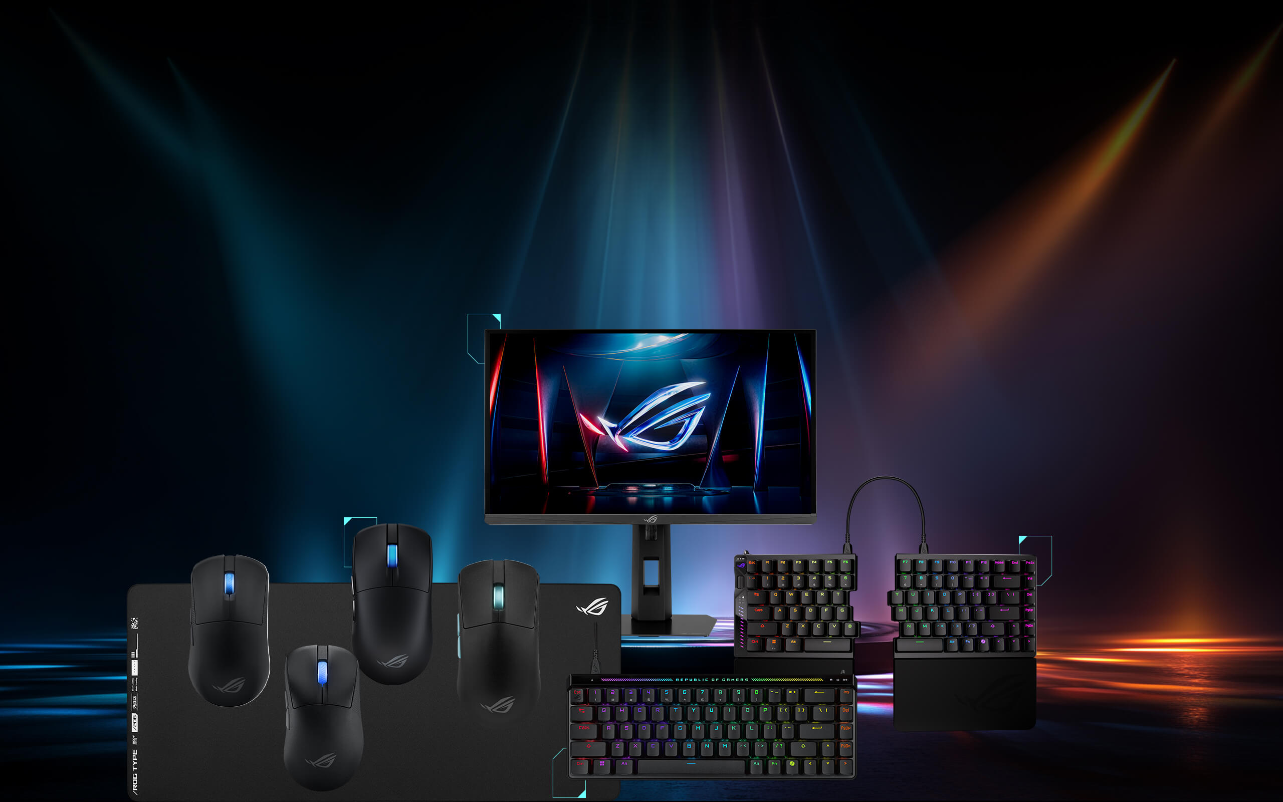 The ROG Strix XG248QSG Ace in the center surrounded by ROG Ace esports peripherals, including the Hone Ace Aim Lab Edition, Harpe Ace Mini, Keris II Ace, Harpe II Ace, Harpe Ace Aim Lab Edition and the Falchion Ace HFX and Falcata keyboards