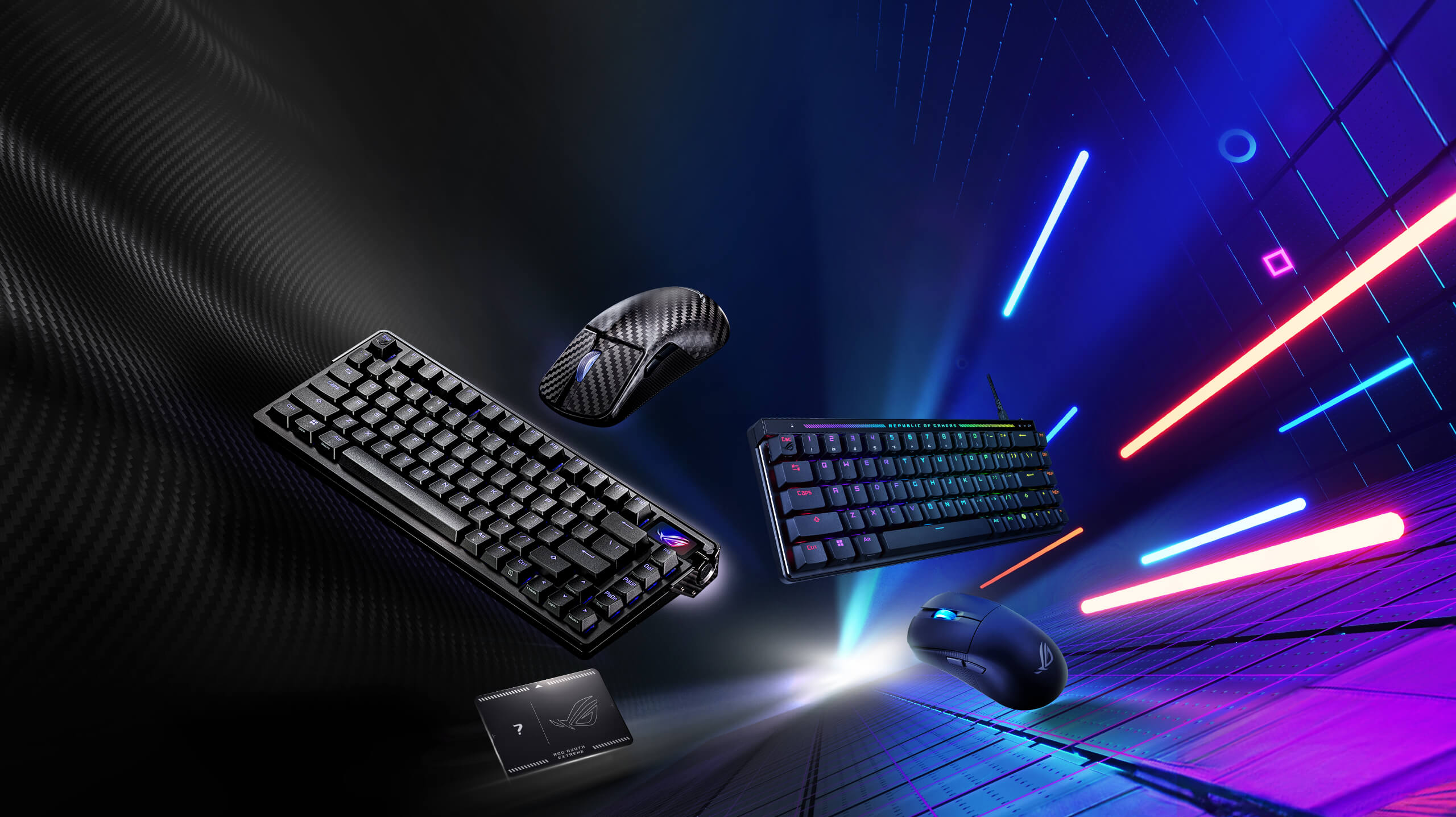 An image showcasing the ROG Harpe Ace Extreme, Azoth Extreme, Harpe Ace Mini, Falchion Ace Extreme behind a fusion background