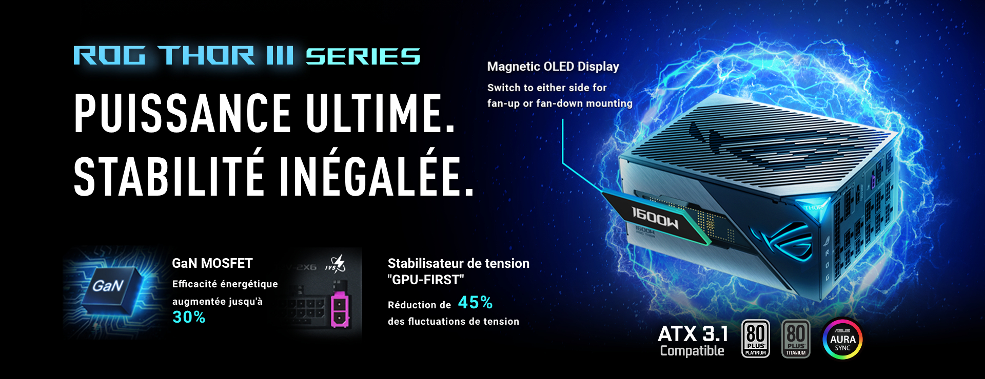 Image stylisée du ROG Thor 1600W Titanium III, semblant flotter alors qu'il est entouré d'énergie.