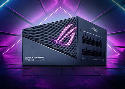 ROG STRIX series PSU in 45 degree angle with concrete floor and pink lighting shown from the rear