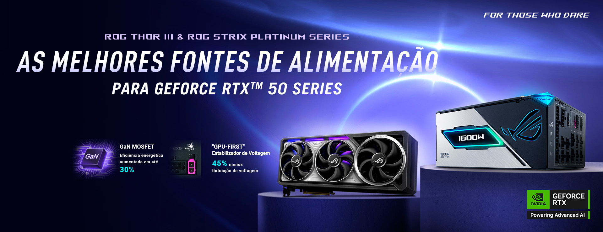 Placa gráfica ROG Astral e fonte de alimentação ROG THOR III em pedestais com fundo roxo.