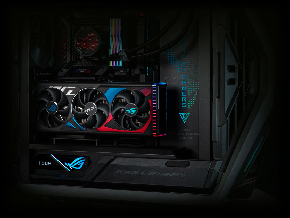 Fonte de alimentação da série ROG THOR e placa de vídeo ROG Strix RTX 4090 na montagem do PC