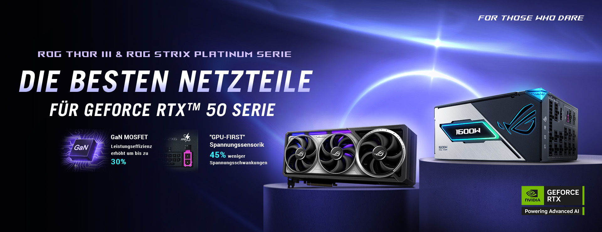 ROG Astral Grafikkarte und ROG THOR III Netzteil auf Sockeln mit lila Hintergrund