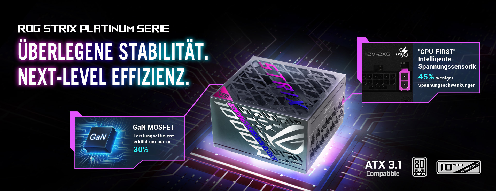 Stilisiertes Bild des ROG STRIX Platinum PSU mit PCB-Hintergrund