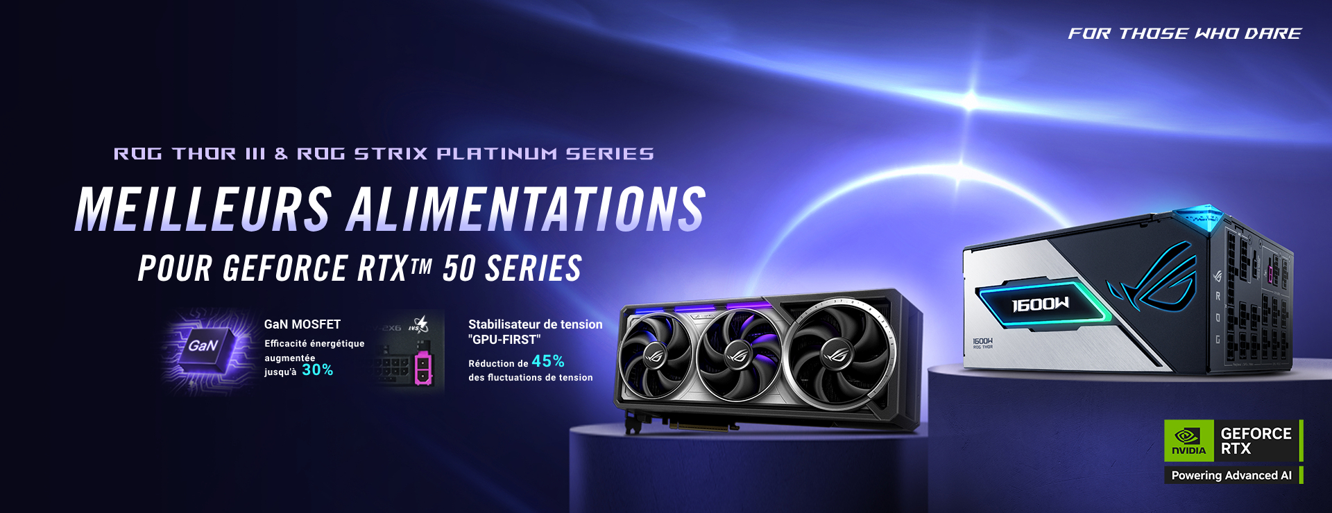 Carte graphique ROG Astral et bloc d'alimentation ROG THOR III sur des socles à fond violet