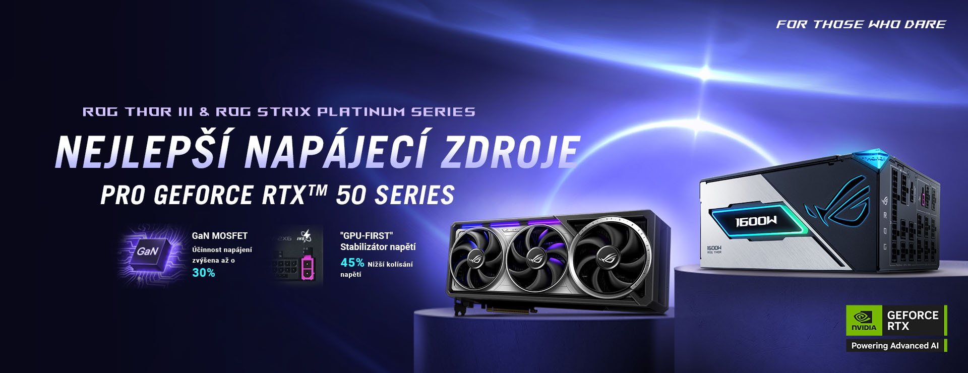 Grafická karta ROG Astral a napájecí zdroj ROG THOR III na podstavcích s fialovým pozadím