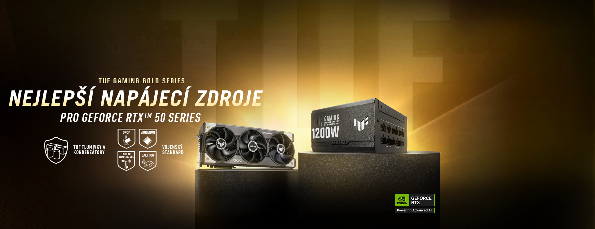 Grafická karta a napájecí zdroj TUF Gaming na podstavcích se zlatým pozadím