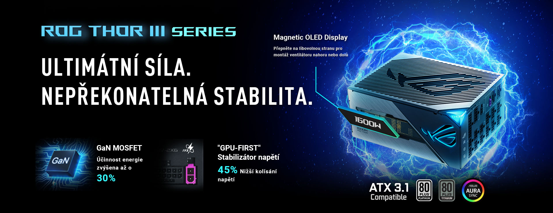 Stylizovaný obrázek napájecího zdroje ROG Thor 1600W Titanium III, který se vznáší, obklopený energetickými efekty