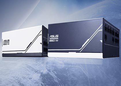 White and black ASUS PRIME power supplies displayed side-by-side, with a space-themed background