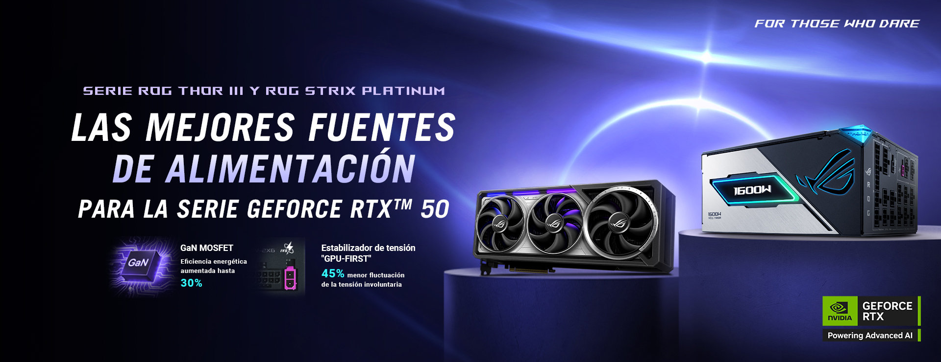 Tarjeta gráfica ROG Astral y fuente de alimentación ROG THOR III en pedestales con fondo púrpura