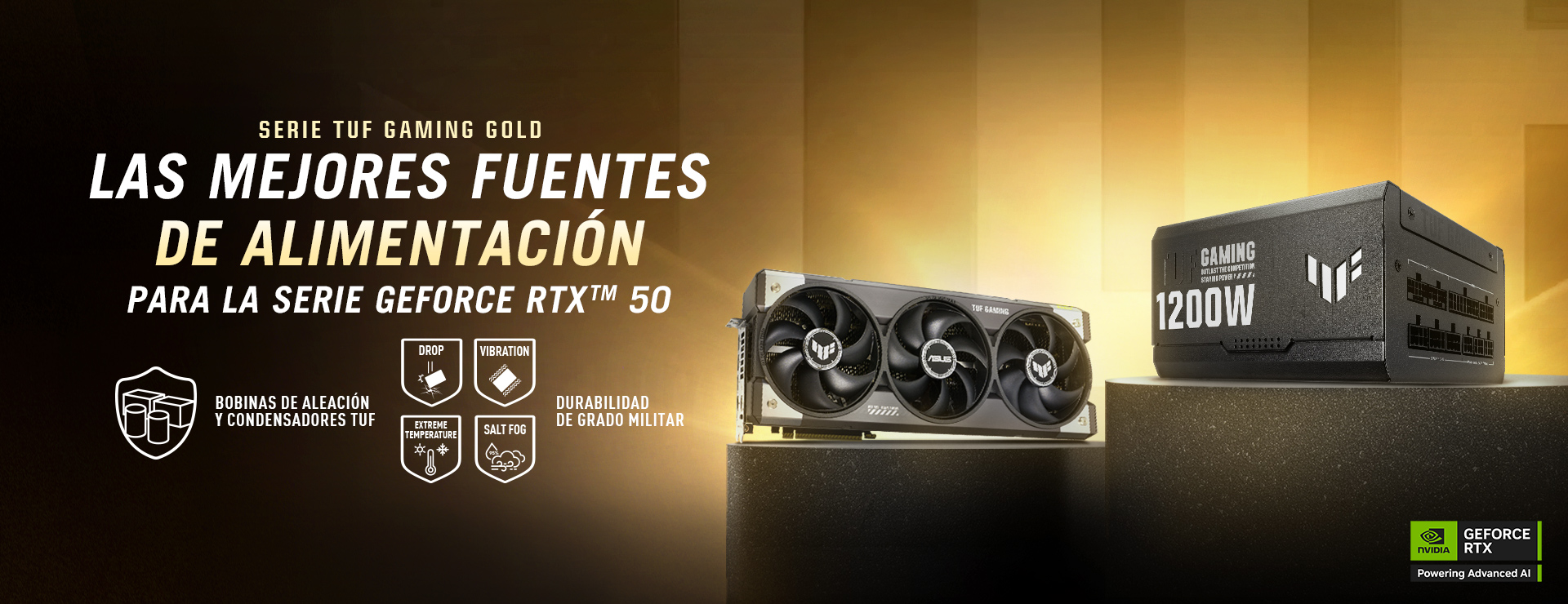 Tarjeta gráfica TUF Gaming y PSU sobre pedestales con fondo dorado