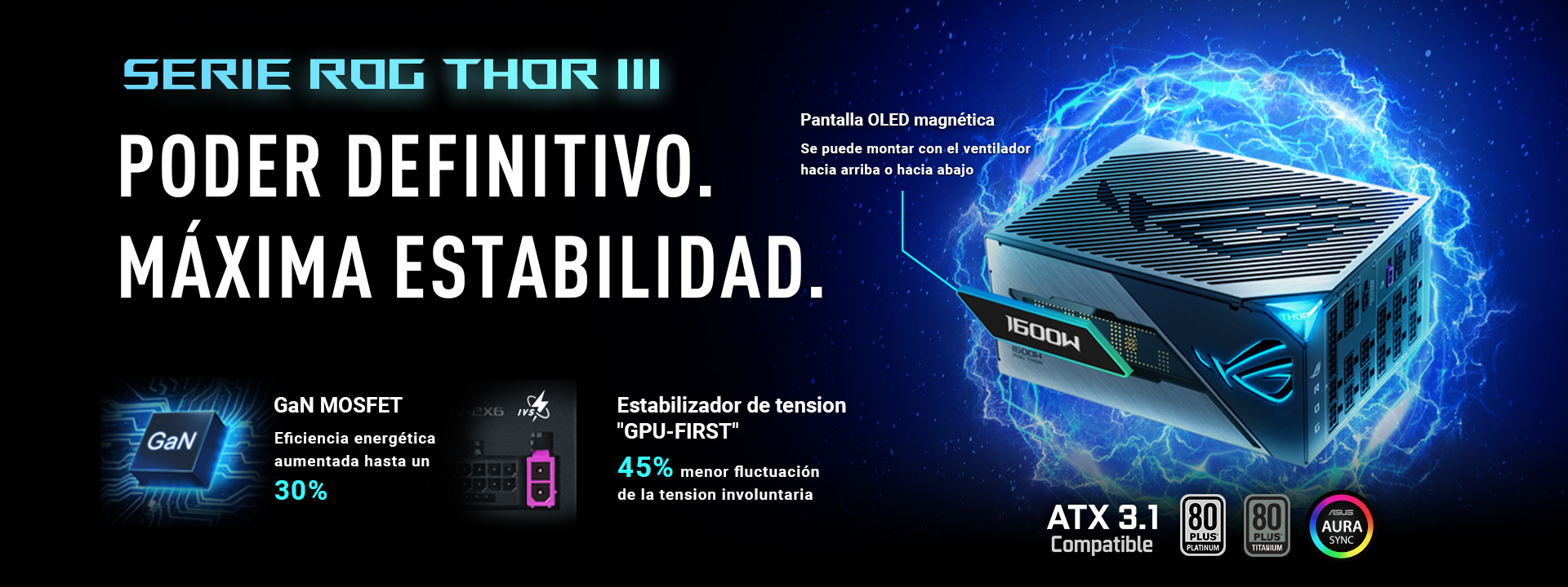 Imagen estilizada del ROG Thor 1600W Titanium III, que parece flotar rodeado de energía.