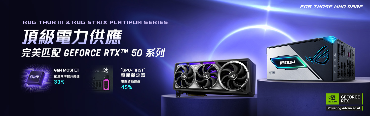 ROG Astral 顯示卡和 ROG THOR III 電源供應器在紫色背景的展示台上