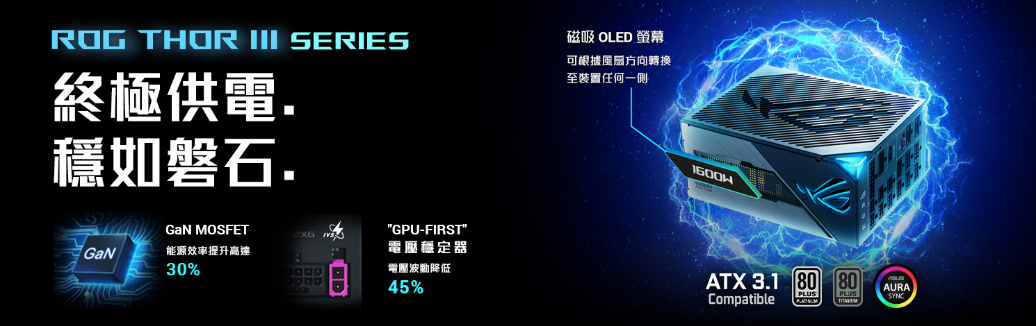 ROG Thor 1600W Titanium III 的風格化圖片，營造出漂浮在能量之中的視覺效果。