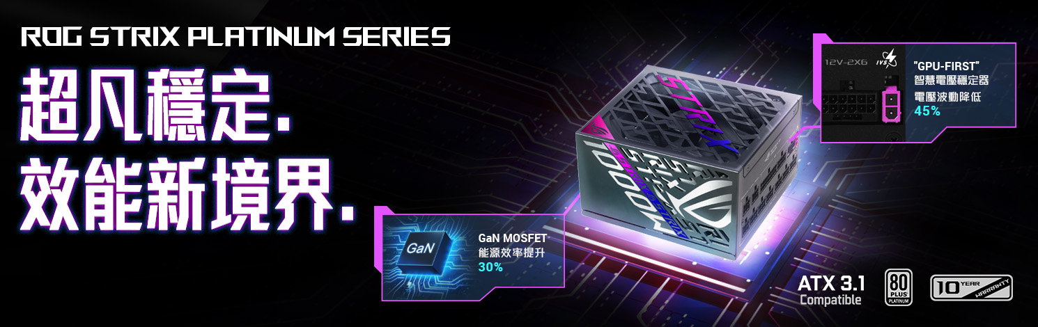 ROG STRIX Platinum 電源供應器的風格化圖片，背景為 PCB 主題。