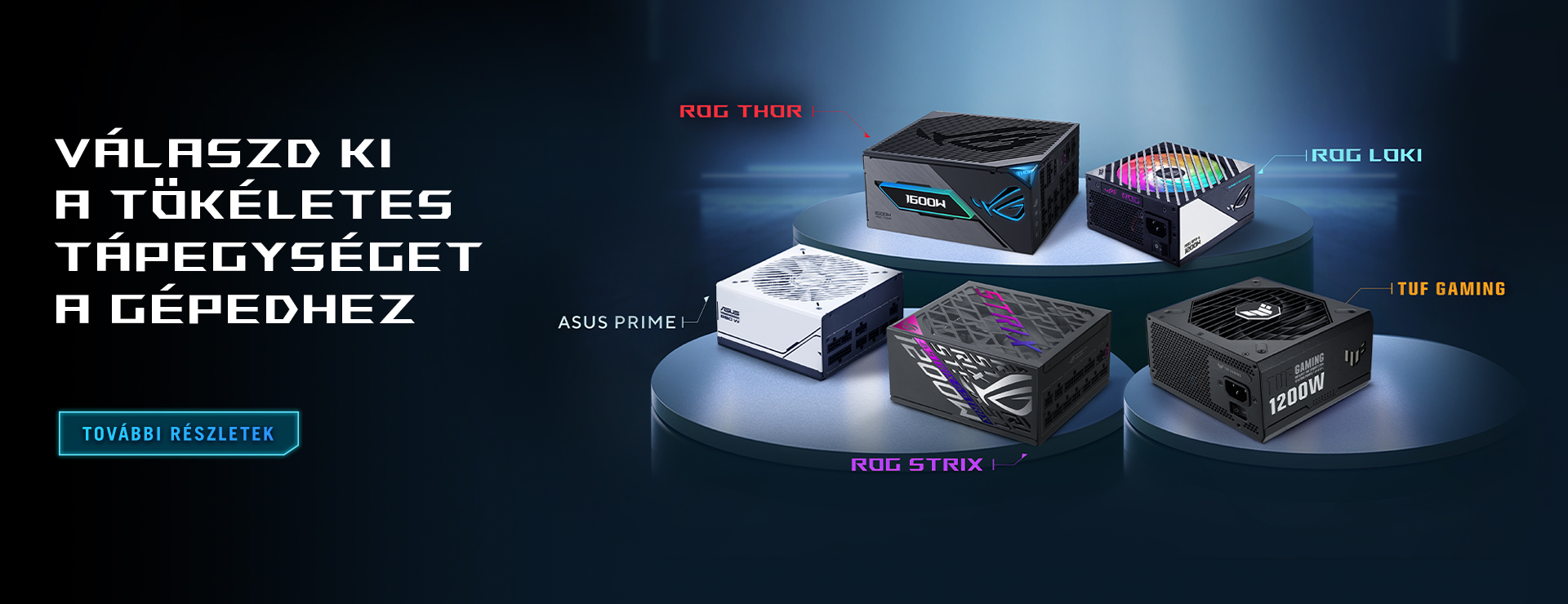 ROG THOR III, ROG LOKI, ROG STRIX Platinum, TUF GAMING, PRIME SERIES tápegységek csoportképe emelvényeken