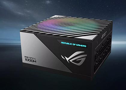PSU seri ROG LOKI dengan latar belakang bertema galaksi.