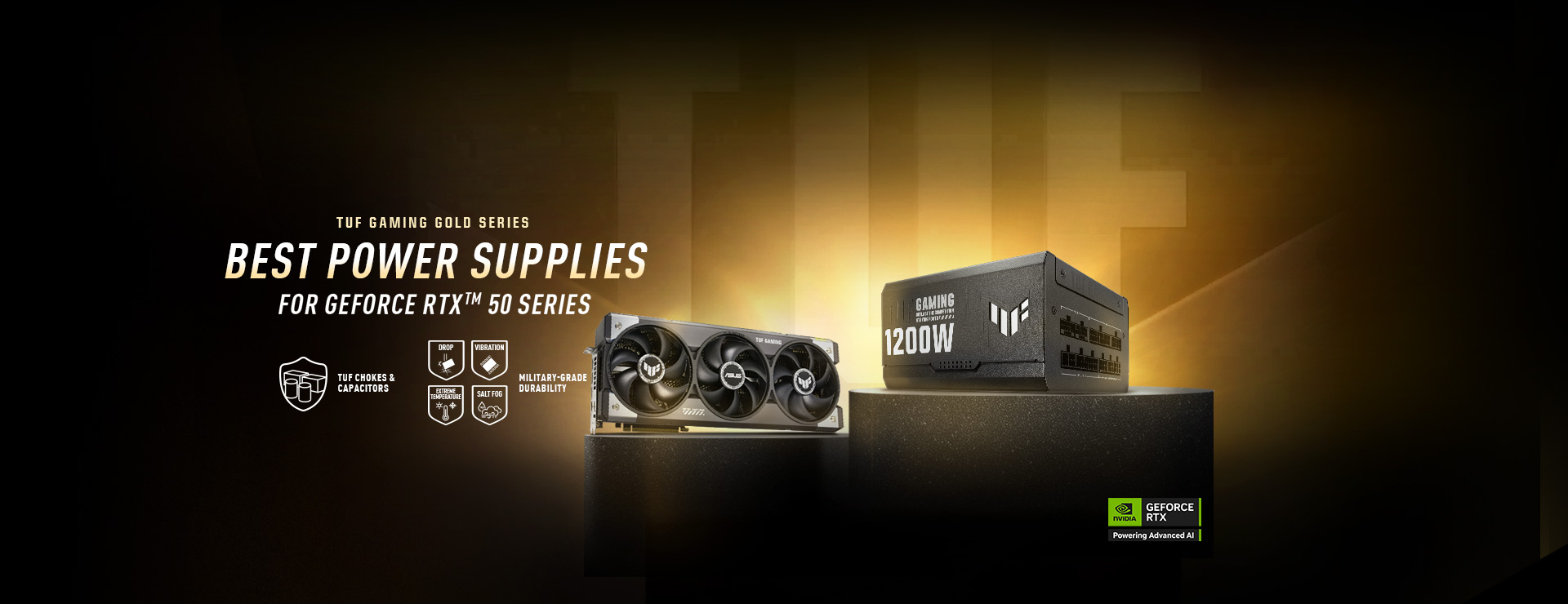 Kartu grafis TUF Gaming dan PSU di atas alas dengan latar belakang emas