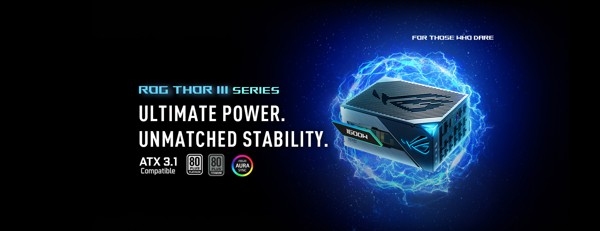 Foto grup ROG THOR III, ROG LOKI, ROG STRIX Platinum, TUF GAMING, dan SERI PRIMES PSU ditampilkan di podium
