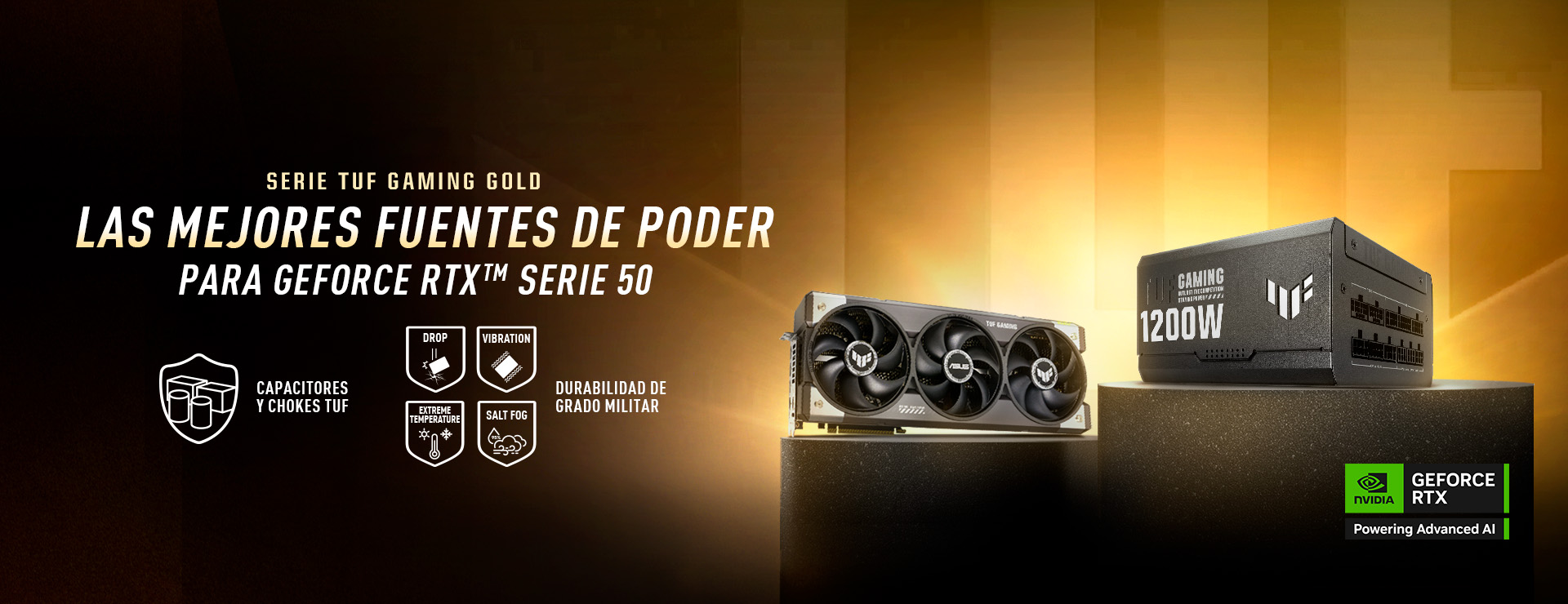 Tarjeta gráfica y fuente de poder TUF Gaming sobre pedestales con fondo dorado