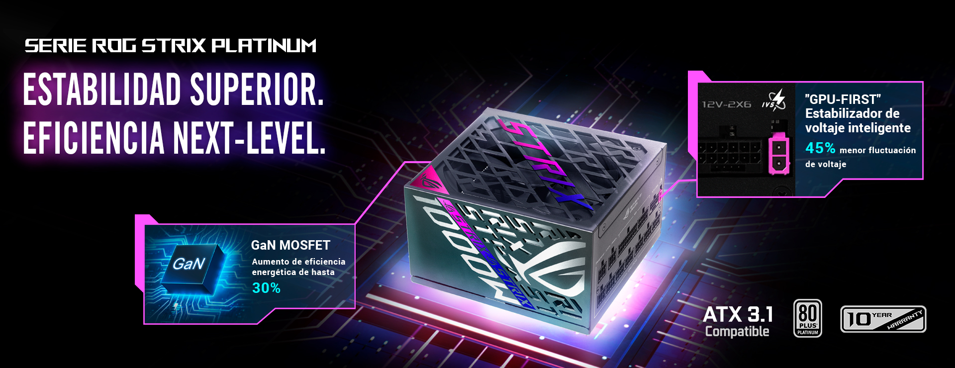Imagen estilizada de la fuente de poder ROG STRIX Platinum con fondo temático de PCB