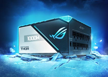 Bloc d'alimentation ROG THOR dans un angle de 45 degrés sur un sol glacé