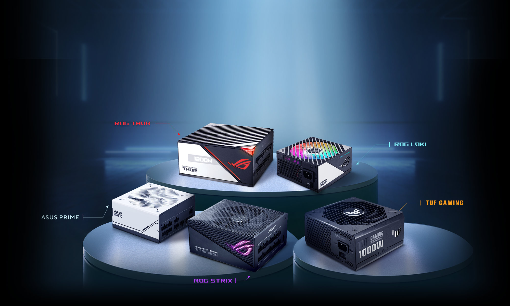 Photo de séries ROG THOR, ROG LOKI, ROG STRIX, TUF GAMING, PRIMES exposée sur les podiums