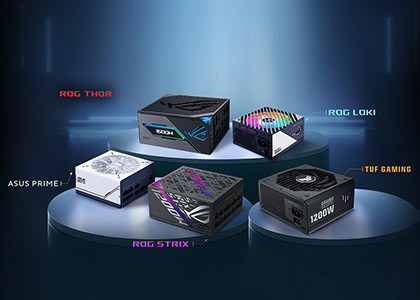 ROG THOR III, ROG LOKI, ROG STRIX Platinum, TUF GAMING, PRIMES SERIES PSU group photo displayed on podiums