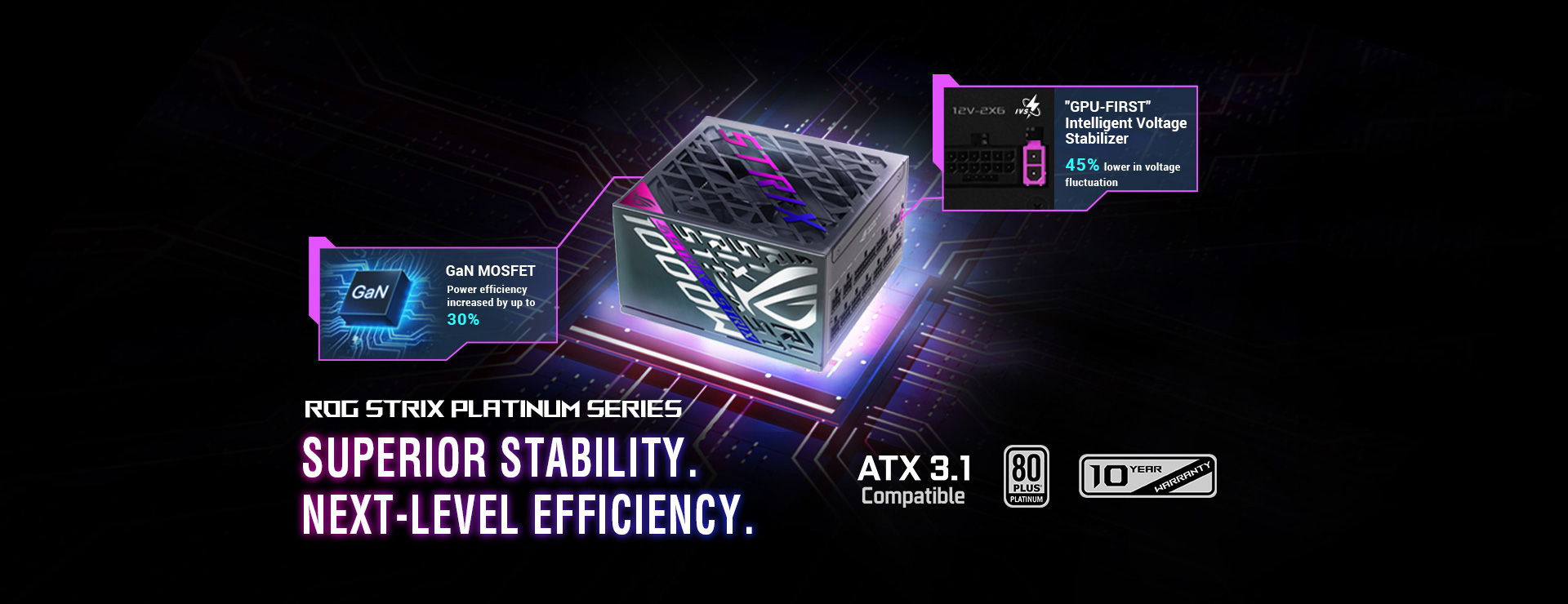 Stylized image of ROG STRIX Platinum PSU with PCB-themed background