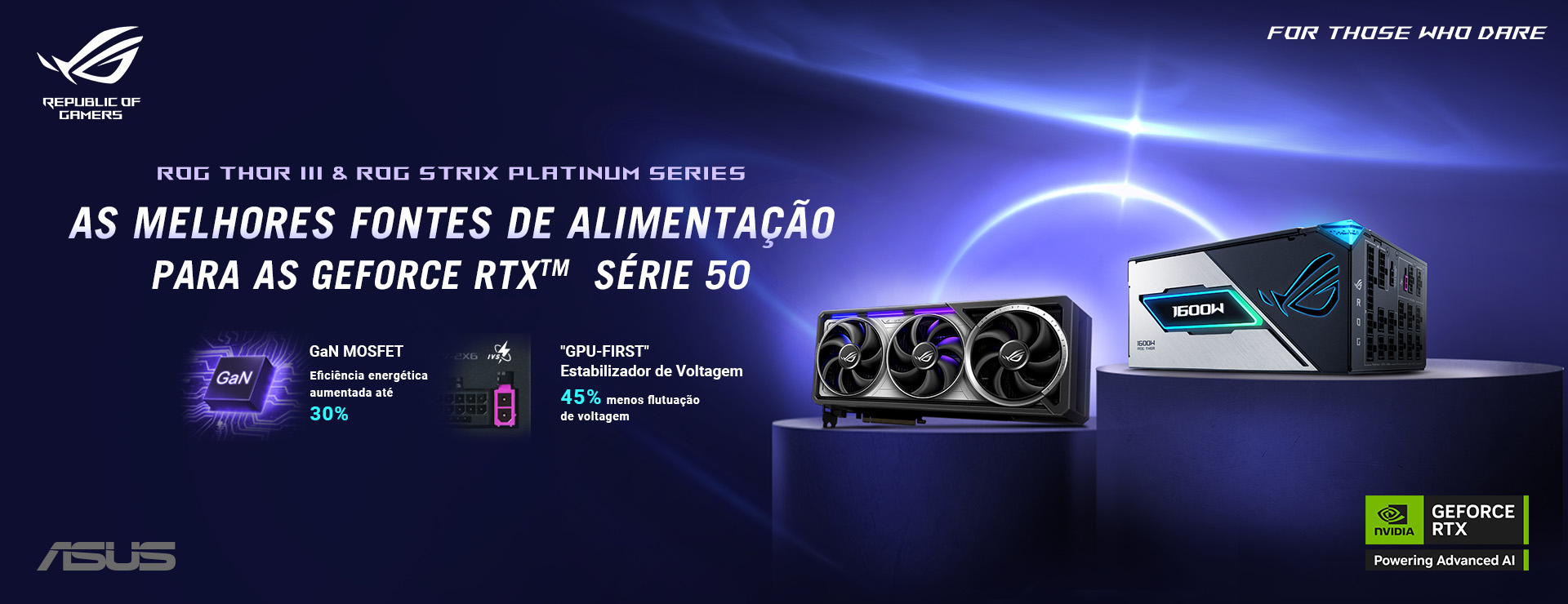 Placa gráfica ROG Astral e fonte de alimentação ROG THOR III em pedestais com fundo roxo.