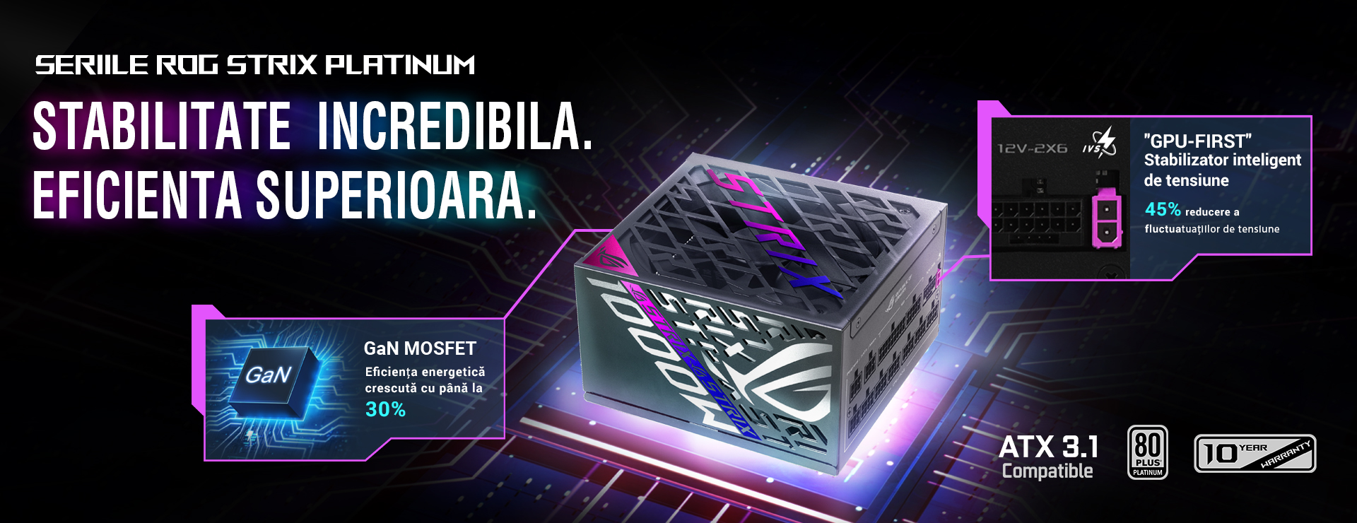 Imagine stilizată a sursei de alimentare ROG STRIX Platinum, cu un fundal tematic inspirat de PCB