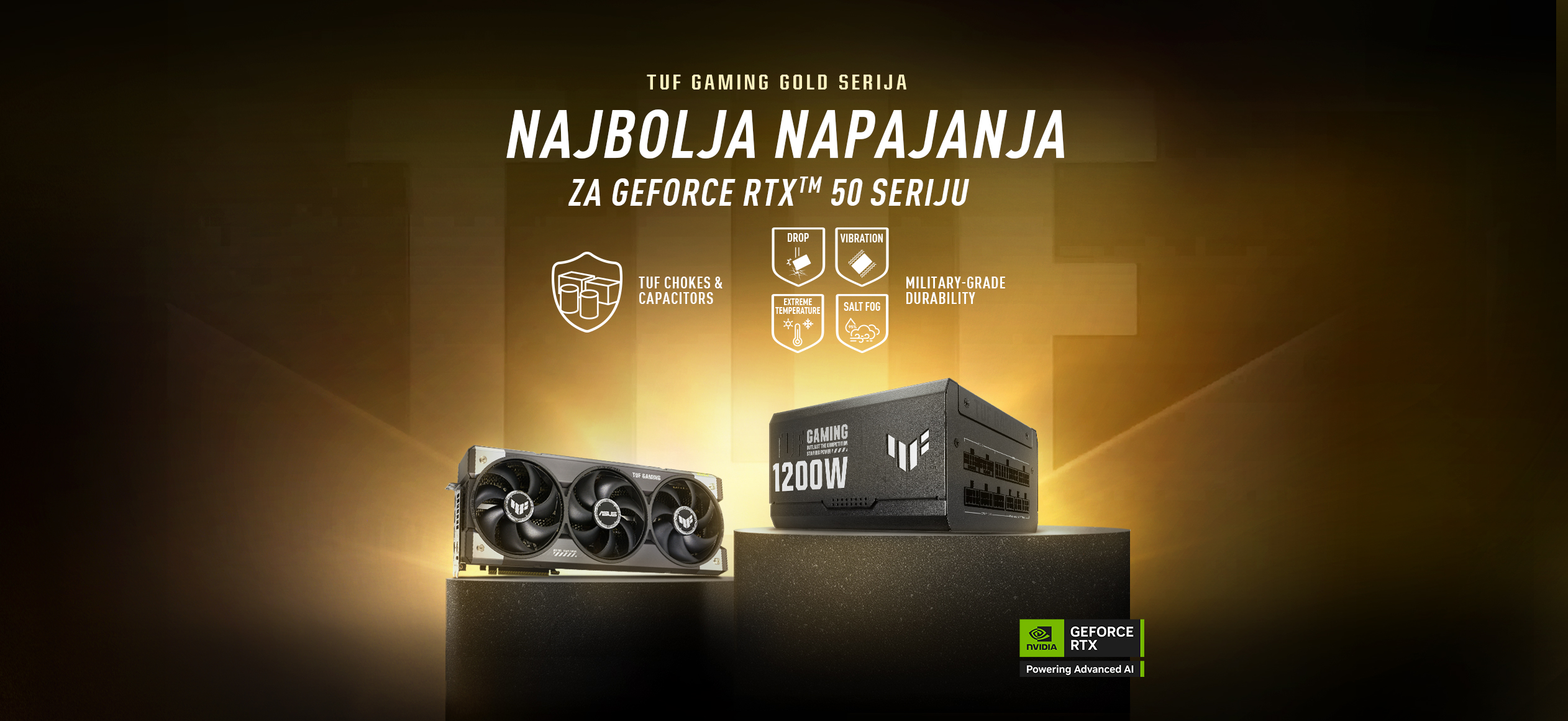 TUF Gaming grafička karta i napajanje na postoljima sa zlatnom pozadinom