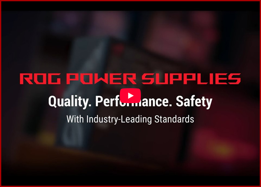ASUS power supply in a blurred background, with text in foreground that communicates ROG power supply quality, performance, and safety