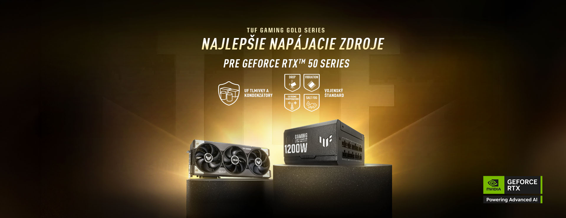 Grafická karta a napájací zdroj TUF Gaming na podstavcoch so zlatým pozadím