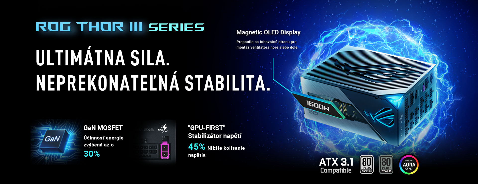 Štylizovaný obrázok napájacieho zdroja ROG Thor 1600W Titanium III, ktorý sa vznáša, obklopený energetickými efektmi