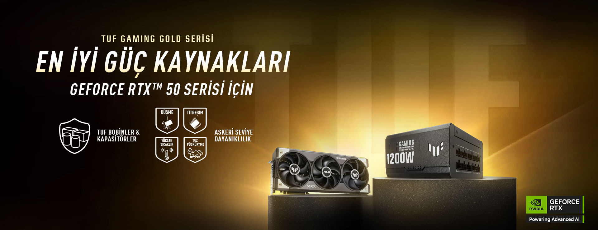 TUF Gaming ekran kartı ve PSU, altın arka plan üzerinde sehpalarda