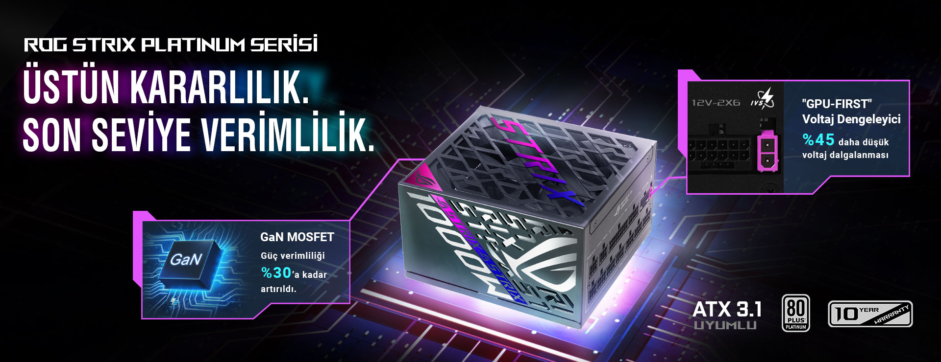 PCB temalı arka planla ROG STRIX Platinum güç kaynağının stilize edilmiş görüntüsü