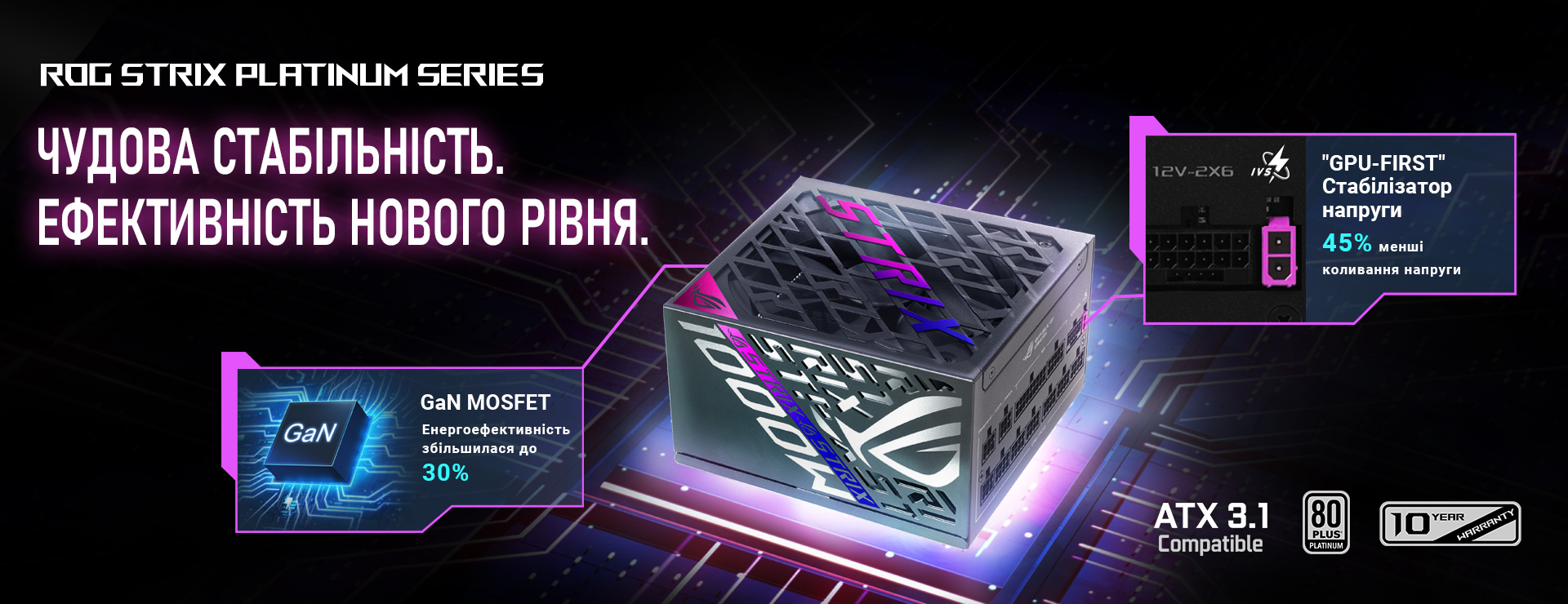 Stylized image of ROG STRIX Platinum PSU with PCB-themed background