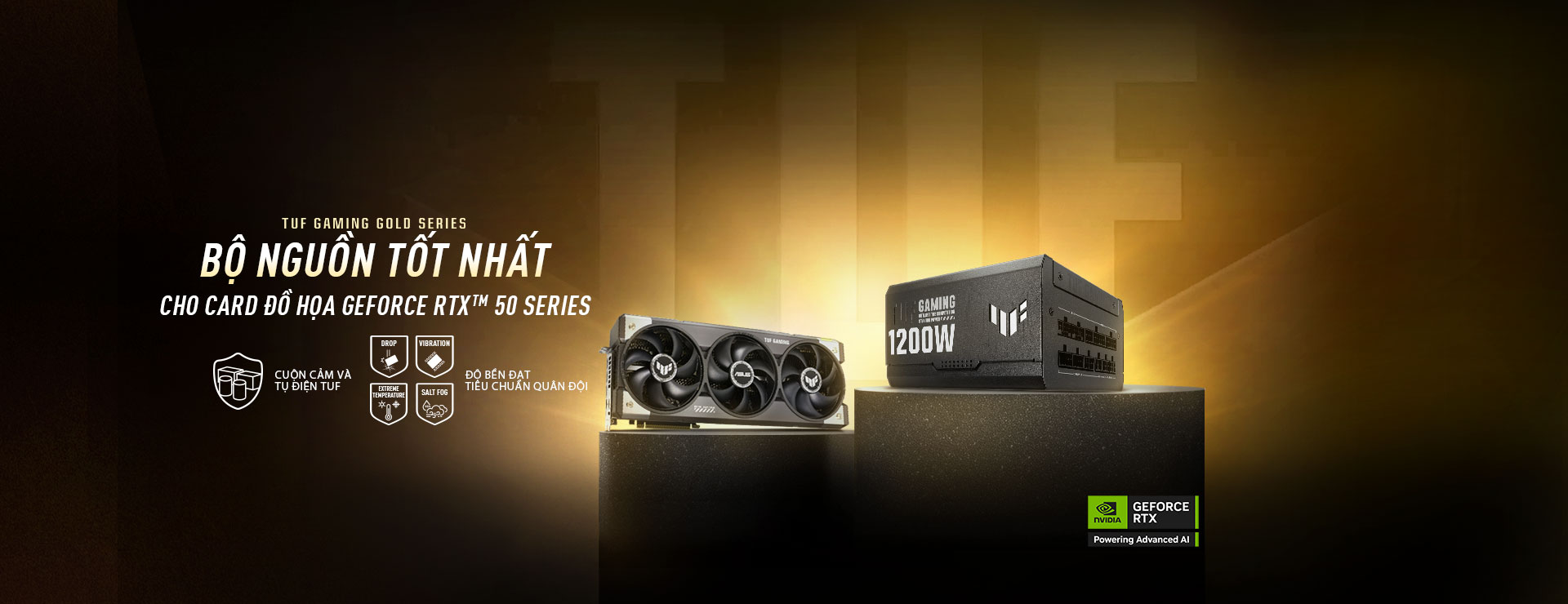Card đồ họa TUF Gaming và bộ nguồn PSU trên bệ trưng bày với nền vàng.