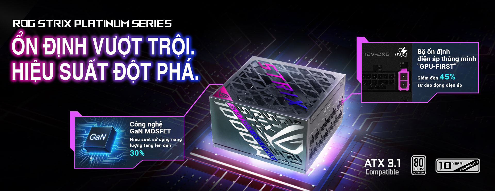 Hình ảnh cách điệu của nguồn ROG STRIX Platinum với nền họa tiết PCB