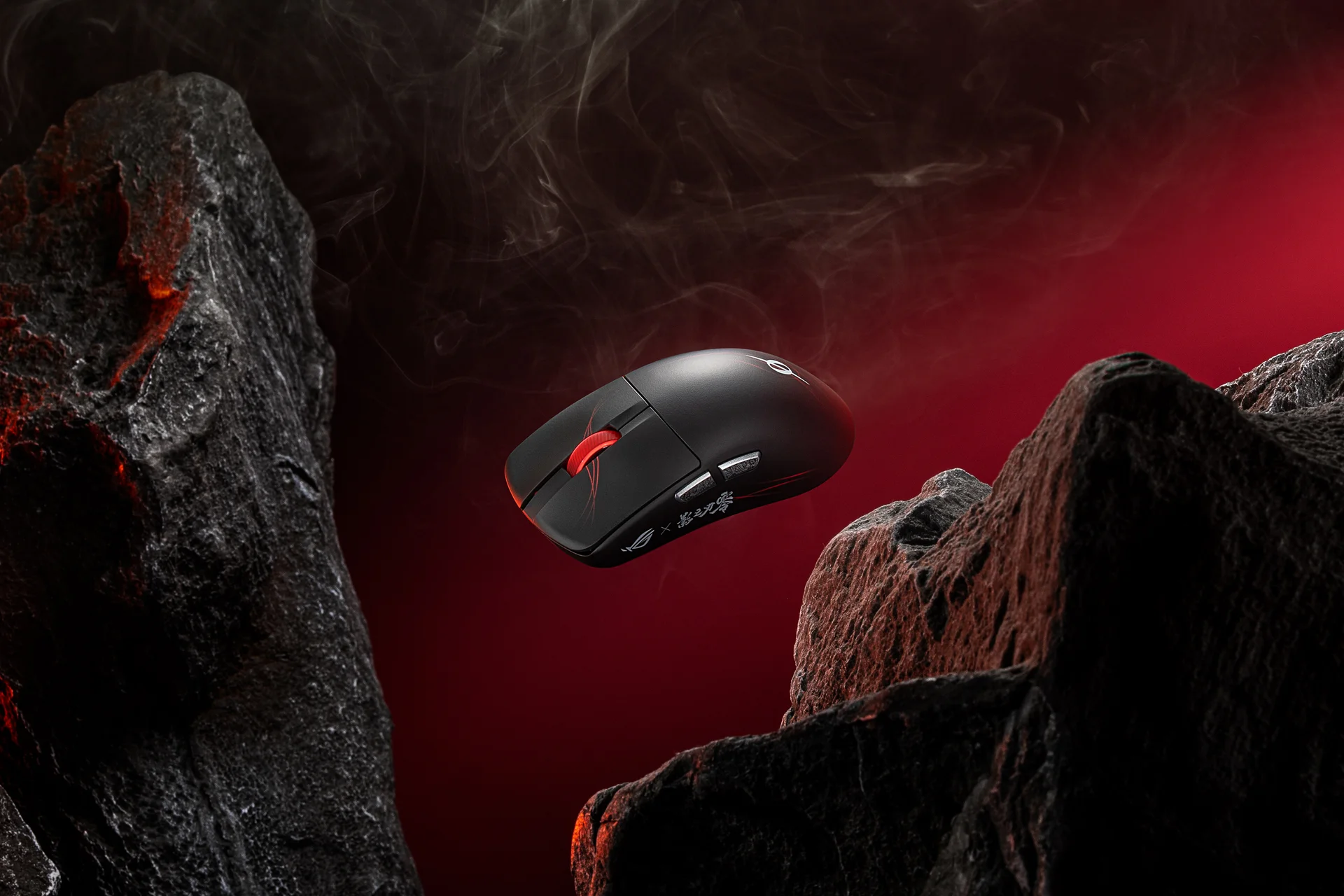 ROG x Phantom Blade Zero gaming mouse showcased floating between dark rocks with red atmospheric lighting.