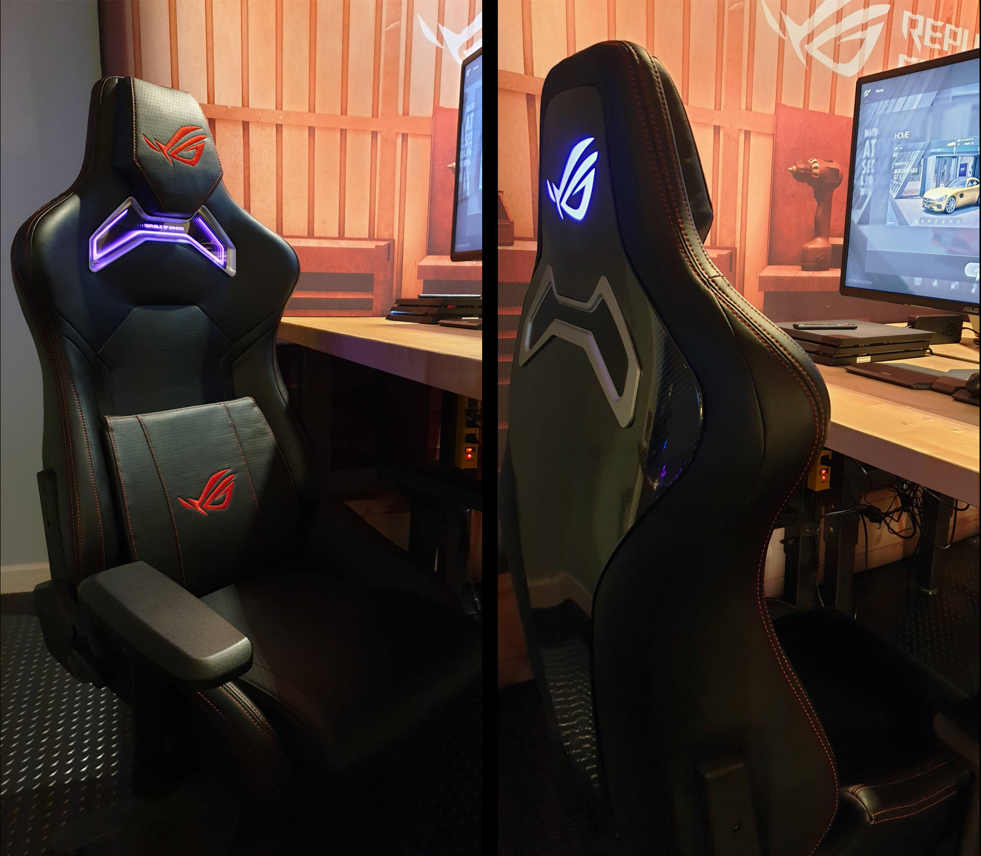 the rog chariot gaming chair is decked out in rgb lighting